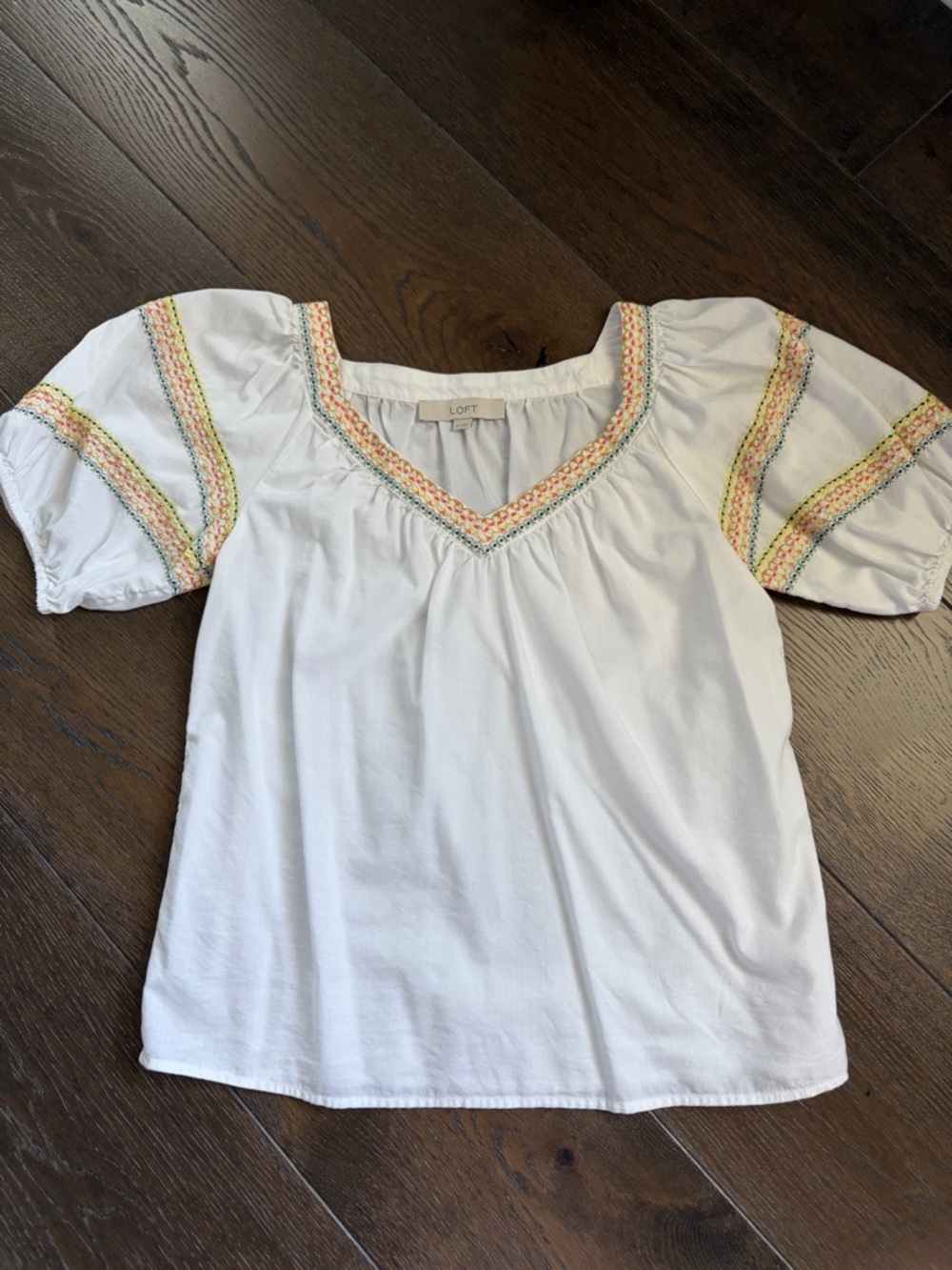 LOFT White Blouse with Multicolor Embroidered Trim